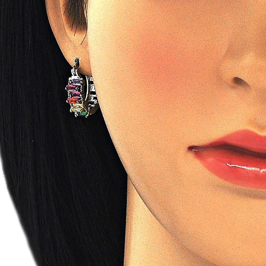 Rhodium Gold Filled Small Hoop, Baguette Design, with Multicolor Cubic Zirconia, Polished, Rhodium Finish