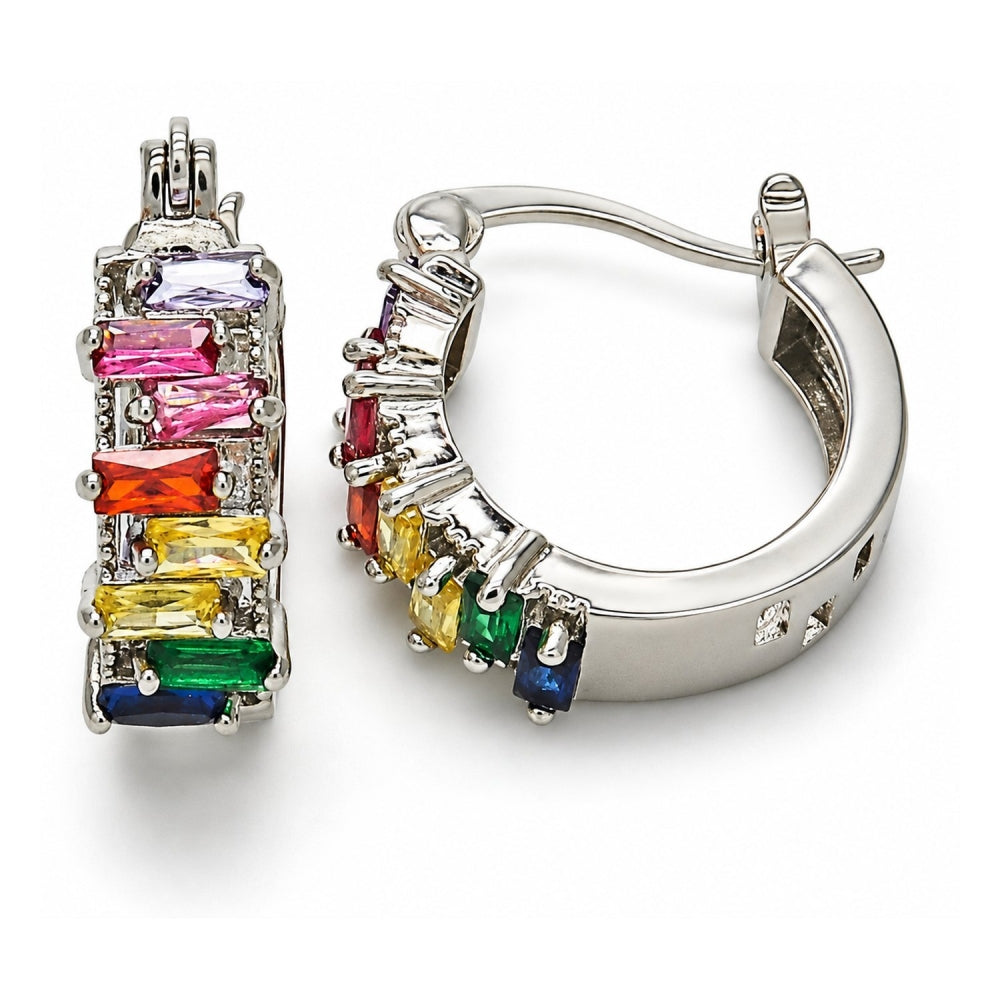 White Gold Filled Small Hoop, Baguette Design, with Multicolor Cubic Zirconia, Polished, Rhodium Finish