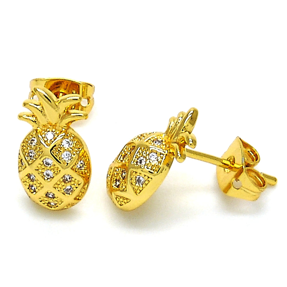 Oro Laminado Stud Earring, Gold Filled Style Pineapple Design, with White Micro Pave, Polished, Golden Finish