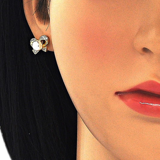 Oro Laminado Stud Earring, Gold Filled Style with White Cubic Zirconia and Ivory Pearl, Polished, Golden Finish