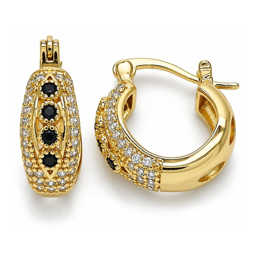 Oro Laminado Small Hoop, Gold Filled Style with Black and White Cubic Zirconia, Polished, Golden Finish
