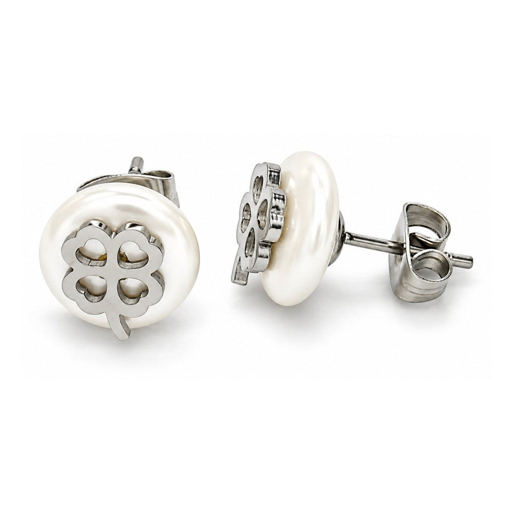 Stainless Steel Stud Earring, Four-leaf Clover Design, with Ivory Pearl, Polished, Steel Finish