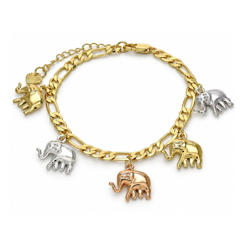 Oro Laminado Charm Bracelet, Gold Filled Style Elephant Design, Polished, Tricolor
