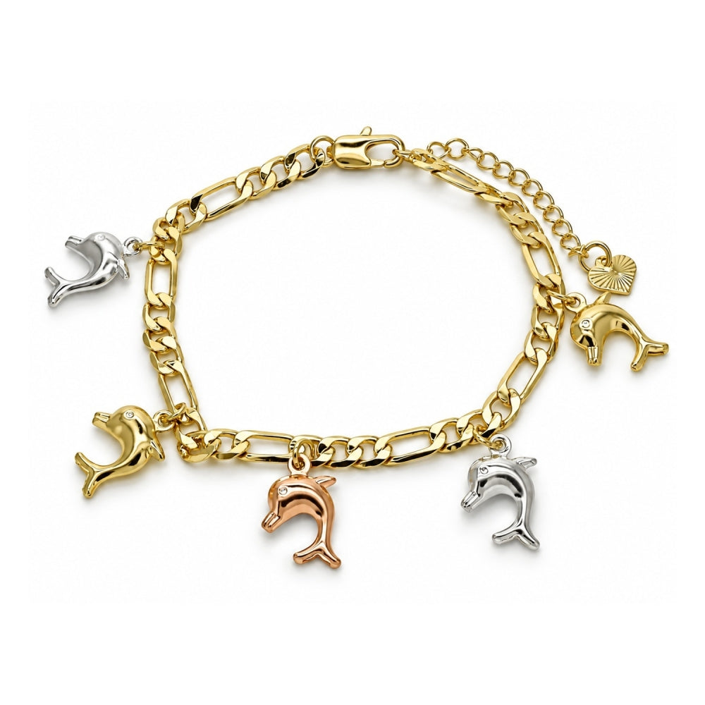 Oro Laminado Charm Bracelet, Gold Filled Style Dolphin Design, Polished, Tricolor