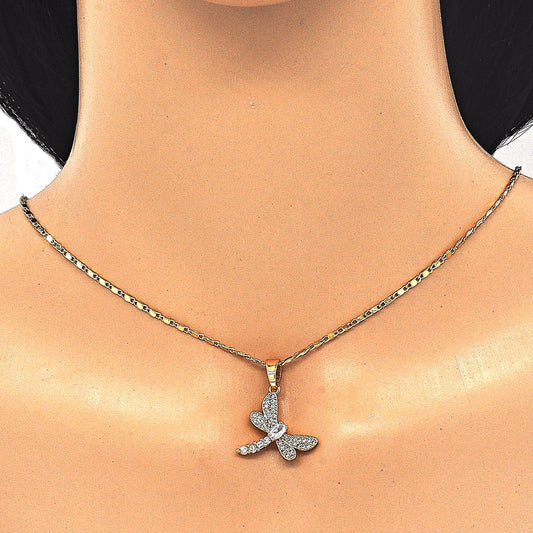 Oro Laminado Earring and Pendant Adult Set, Gold Filled Style Dragon-Fly Design, with White Cubic Zirconia, Polished, Golden Finish