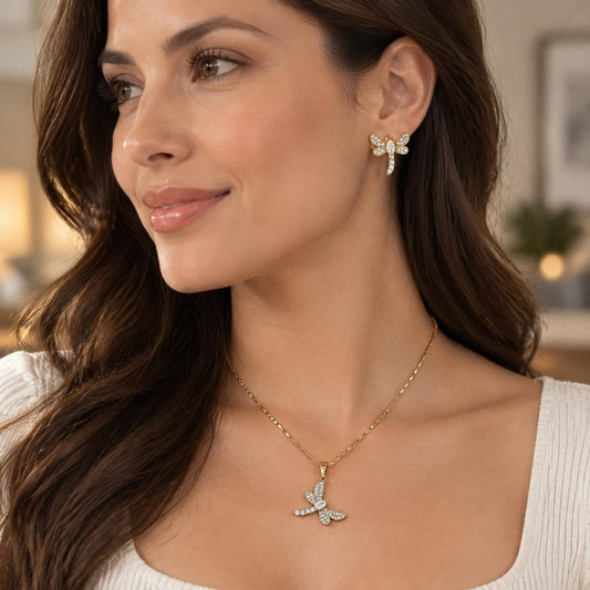 Oro Laminado Earring and Pendant Adult Set, Gold Filled Style Dragon-Fly Design, with White Cubic Zirconia, Polished, Golden Finish