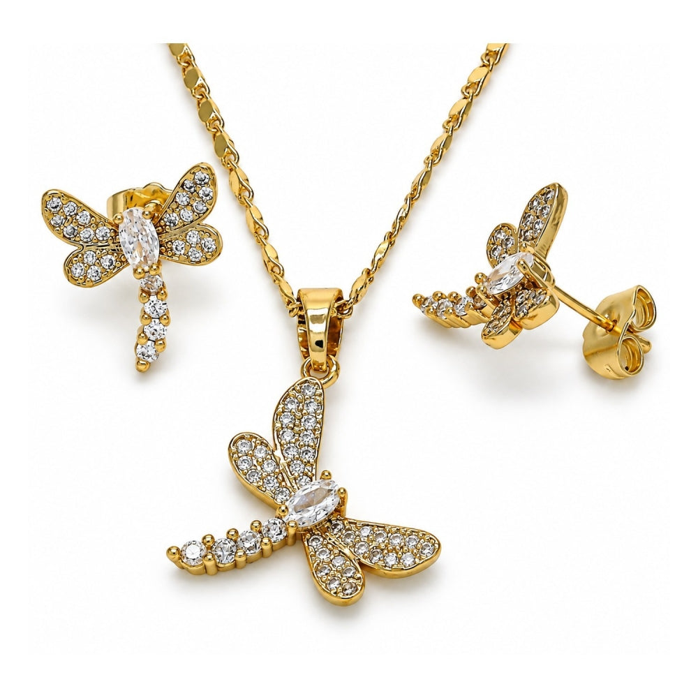 Oro Laminado Earring and Pendant Adult Set, Gold Filled Style Dragon-Fly Design, with White Cubic Zirconia, Polished, Golden Finish
