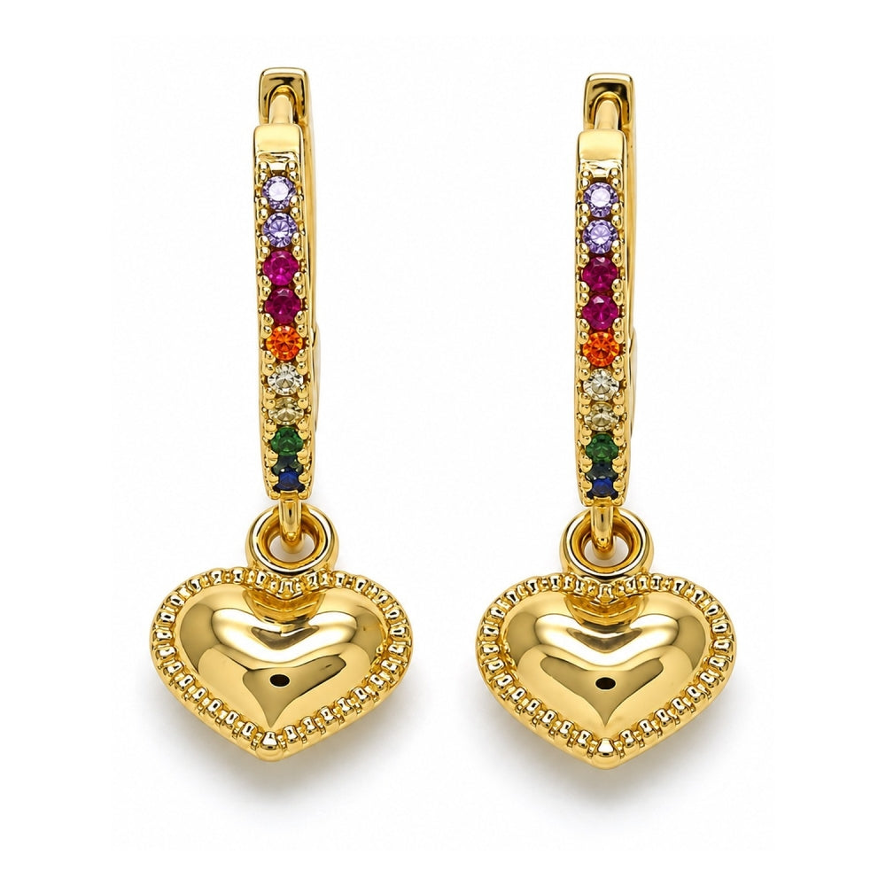 Oro Laminado Huggie Hoop, Gold Filled Style Heart Design, with Multicolor Cubic Zirconia, Polished, Golden Finish