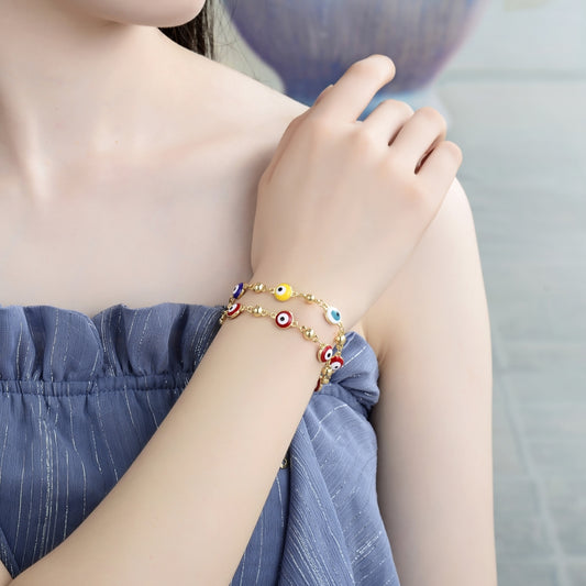Oro Laminado Fancy Bracelet, Gold Filled Style Evil Eye Design, Multicolor Enamel Finish, Golden Finish