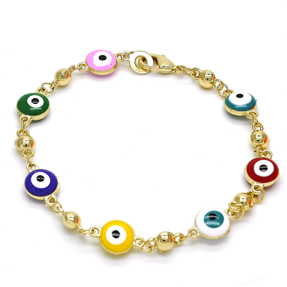 Oro Laminado Fancy Bracelet, Gold Filled Style Evil Eye Design, Multicolor Enamel Finish, Golden Finish