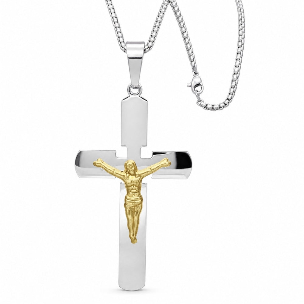 Stainless Steel Pendant Necklace, Crucifix Design, Polished, Two Tone