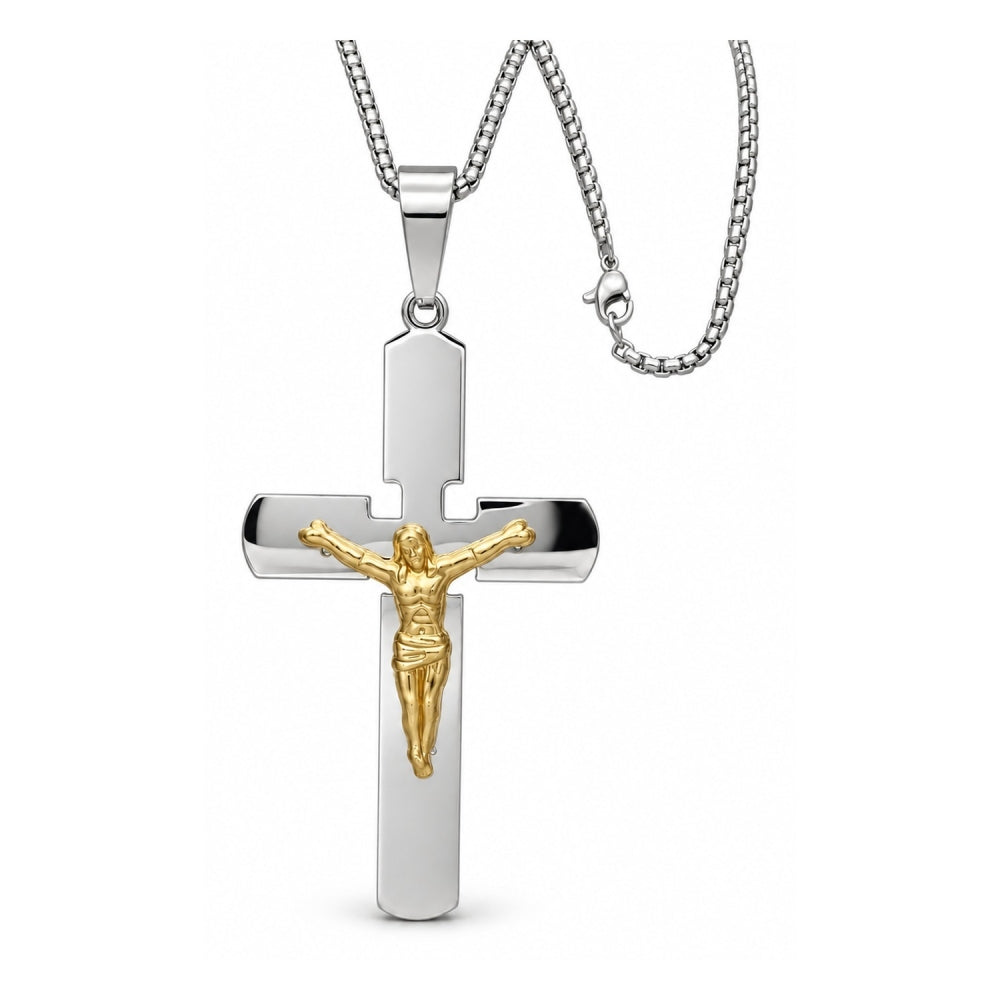 Stainless Steel Pendant Necklace, Crucifix Design, Polished, Two Tone