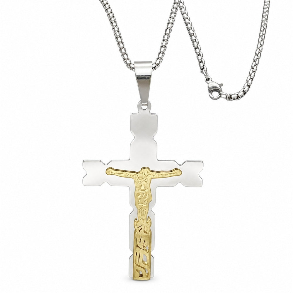 Stainless Steel Pendant Necklace, Crucifix Design, Polished, Two Tone