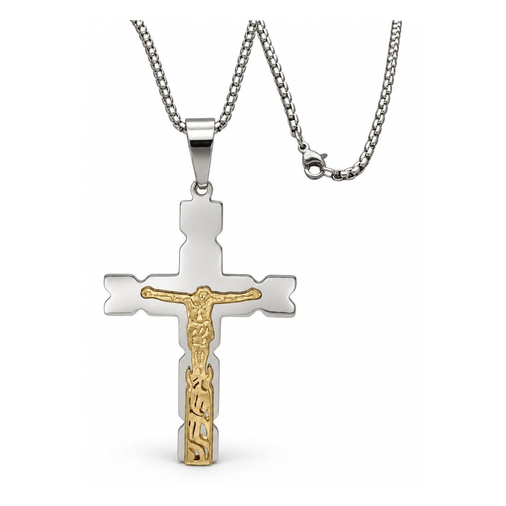 Stainless Steel Pendant Necklace, Crucifix Design, Polished, Two Tone