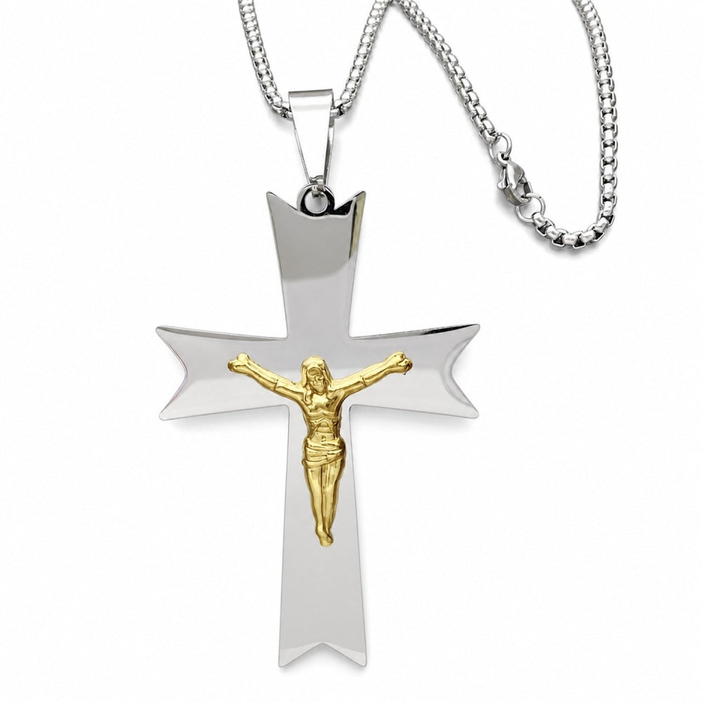 Stainless Steel Pendant Necklace, Crucifix Design, Polished, Two Tone
