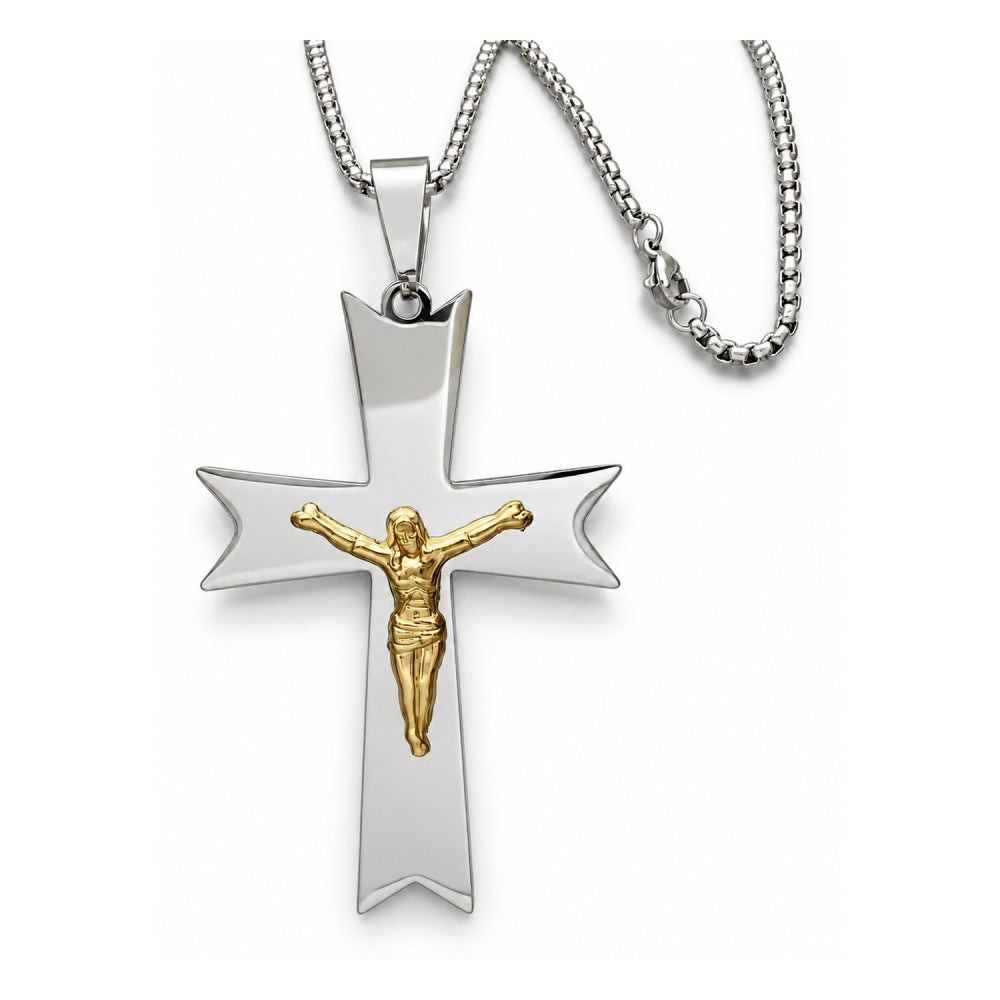 Stainless Steel Pendant Necklace, Crucifix Design, Polished, Two Tone