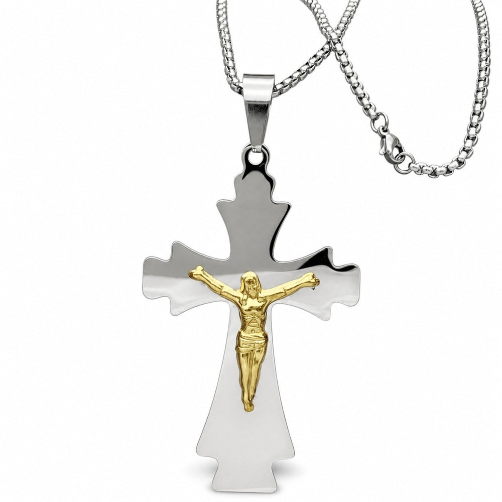Stainless Steel Pendant Necklace, Crucifix Design, Polished, Two Tone