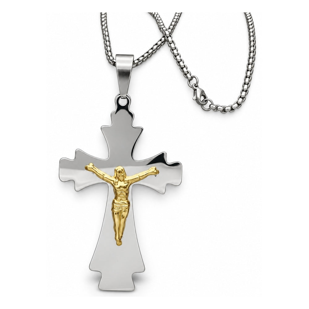 Stainless Steel Pendant Necklace, Crucifix Design, Polished, Two Tone