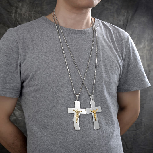 Stainless Steel Pendant Necklace, Crucifix Design, Polished, Two Tone