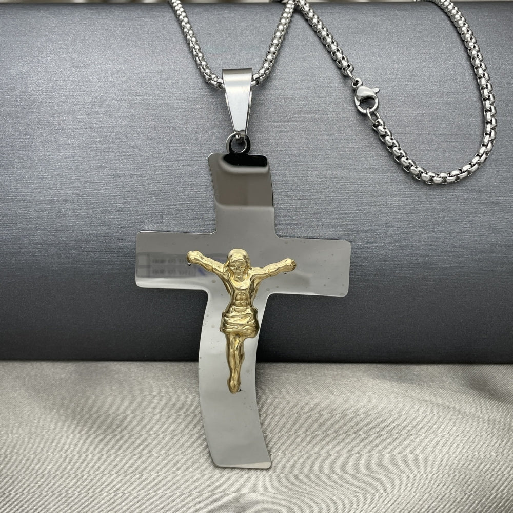 Stainless Steel Pendant Necklace, Crucifix Design, Polished, Two Tone