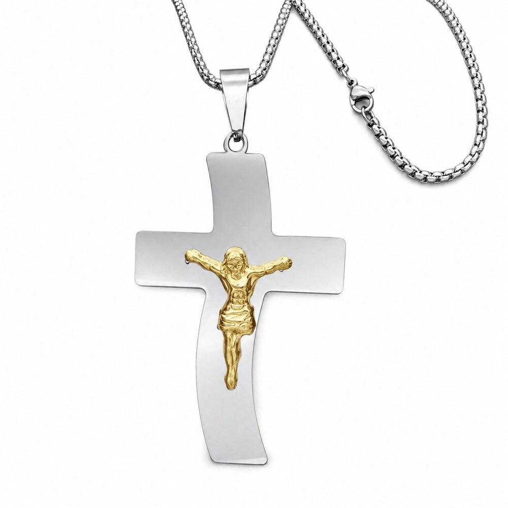 Stainless Steel Pendant Necklace, Crucifix Design, Polished, Two Tone