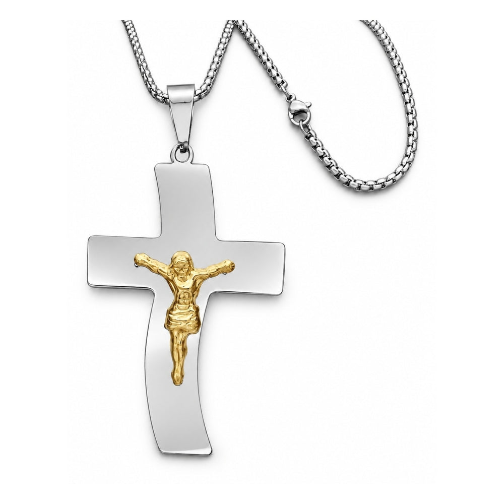 Stainless Steel Pendant Necklace, Crucifix Design, Polished, Two Tone