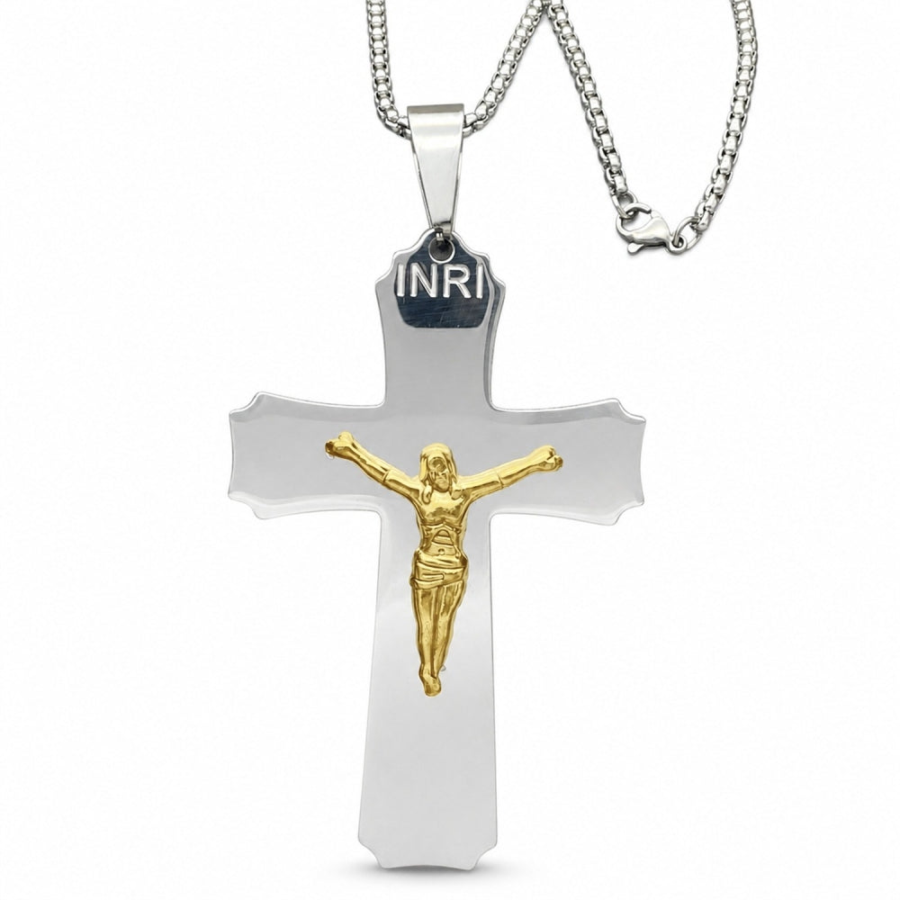 Stainless Steel Pendant Necklace, Crucifix Design, Polished, Two Tone