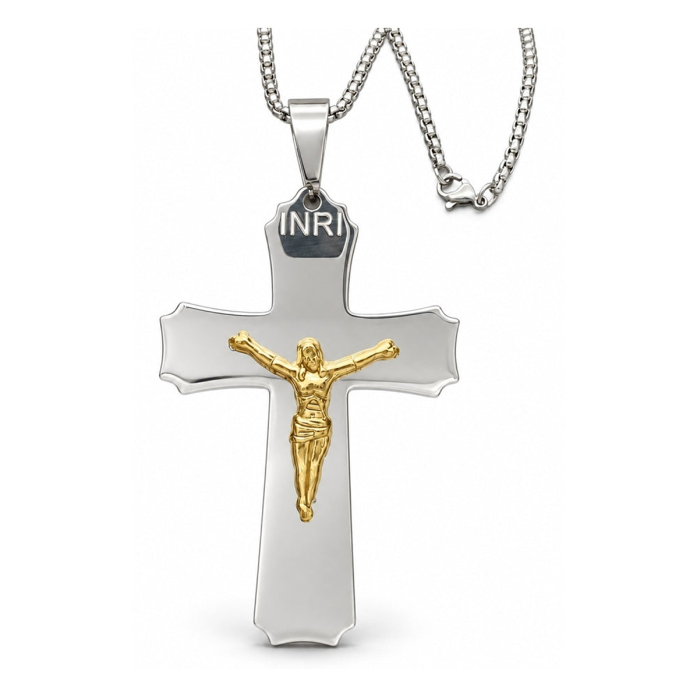 Stainless Steel Pendant Necklace, Crucifix Design, Polished, Two Tone