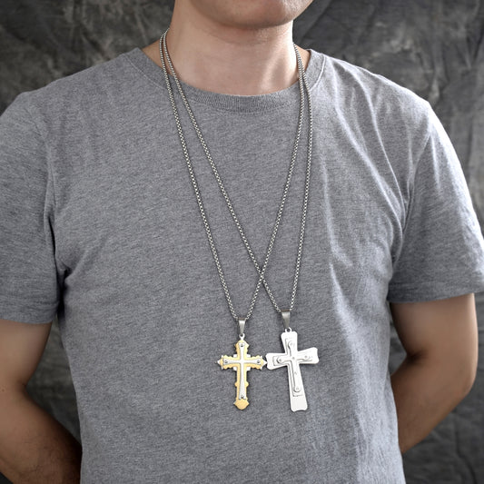 Stainless Steel Pendant Necklace, Cross Design, Polished, Two Tone