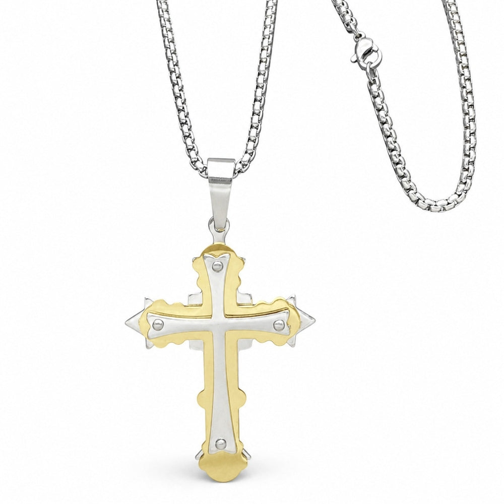 Stainless Steel Pendant Necklace, Cross Design, Polished, Two Tone
