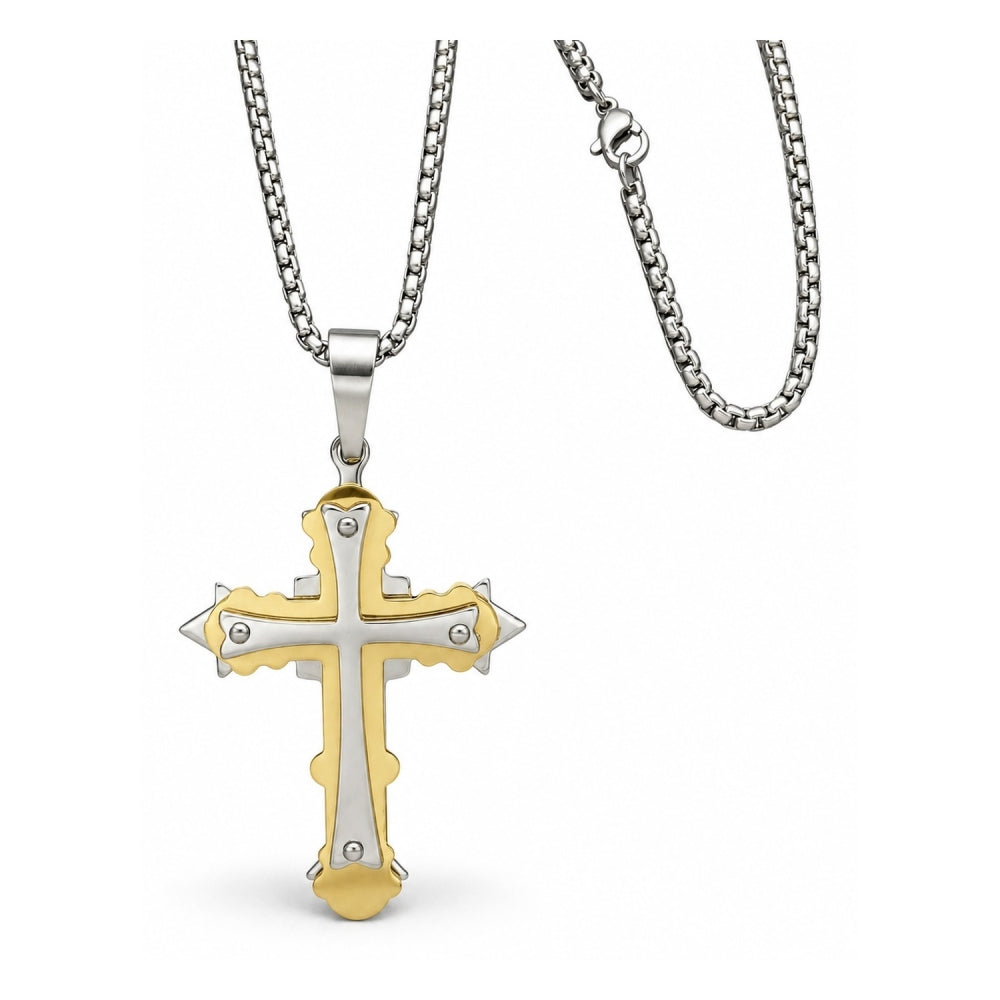 Stainless Steel Pendant Necklace, Cross Design, Polished, Two Tone