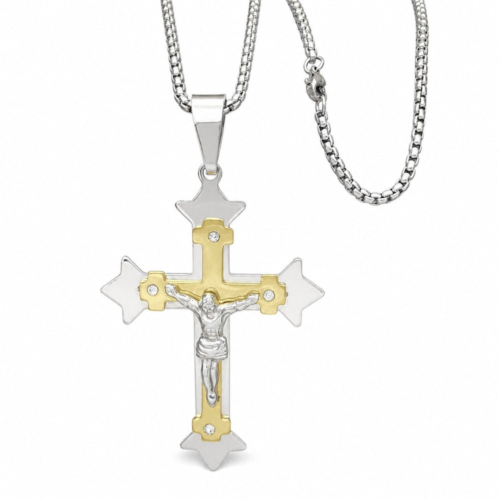 Stainless Steel Pendant Necklace, Crucifix Design, with White Cubic Zirconia, Polished, Two Tone