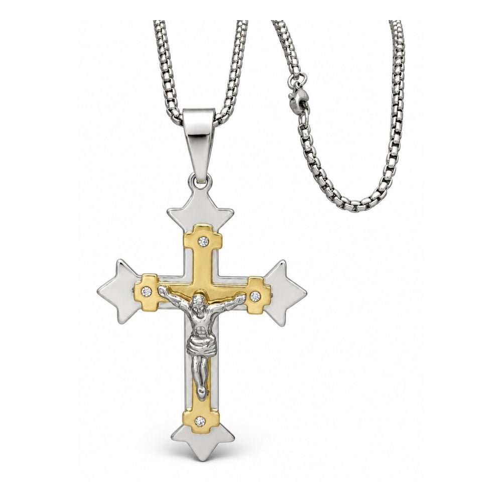 Stainless Steel Pendant Necklace, Crucifix Design, with White Cubic Zirconia, Polished, Two Tone