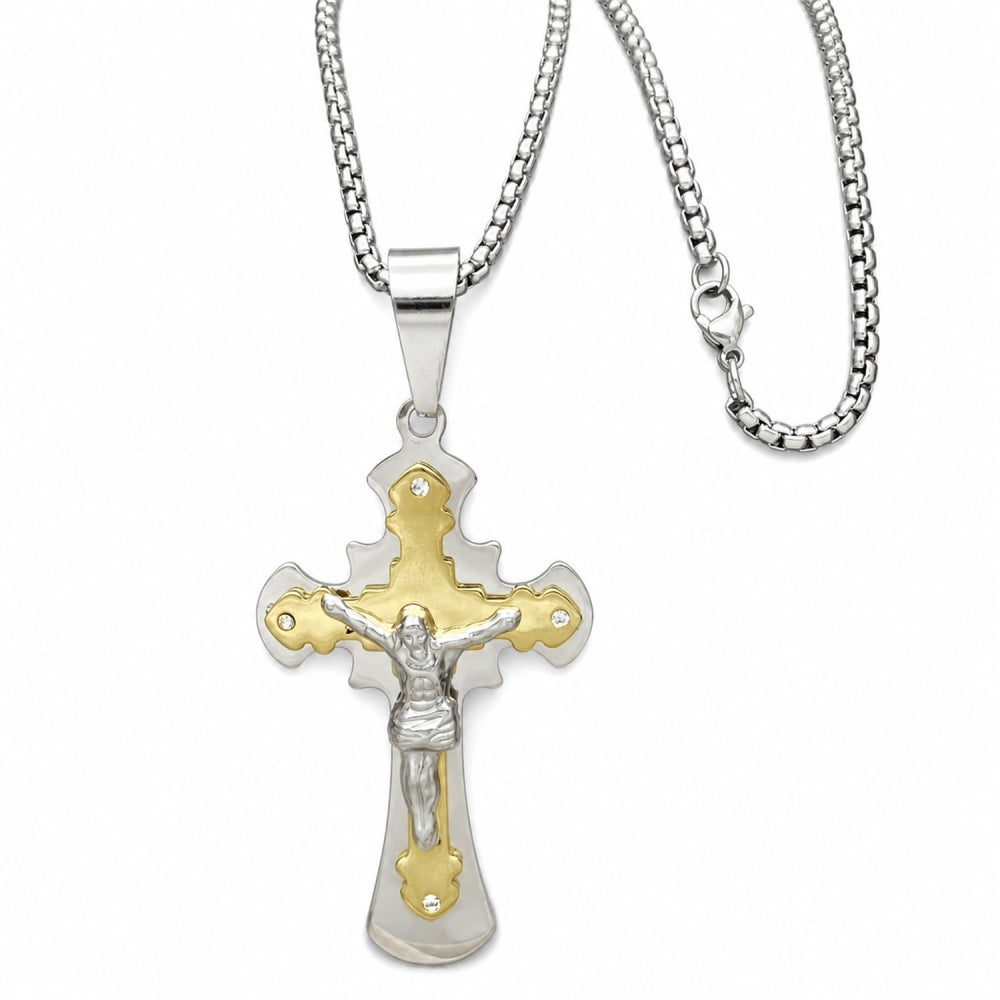 Stainless Steel Pendant Necklace, Crucifix Design, with White Cubic Zirconia, Polished, Two Tone