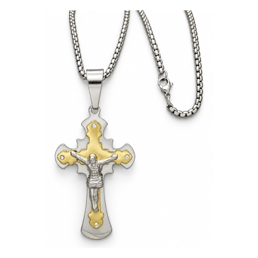 Stainless Steel Pendant Necklace, Crucifix Design, with White Cubic Zirconia, Polished, Two Tone