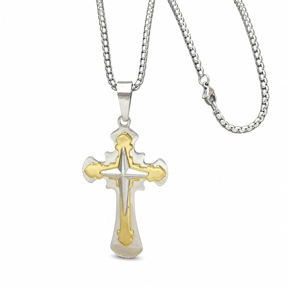 Stainless Steel Pendant Necklace, Cross Design, Polished, Two Tone