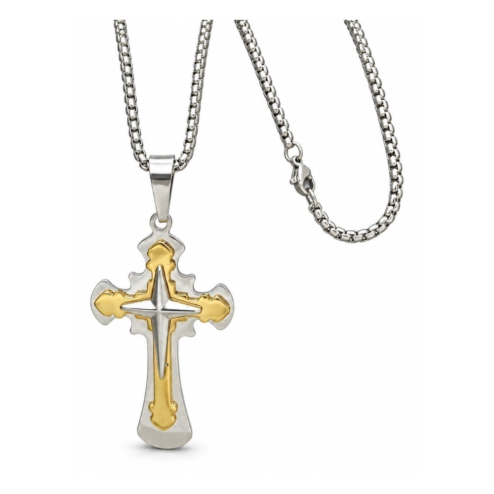 Stainless Steel Pendant Necklace, Cross Design, Polished, Two Tone