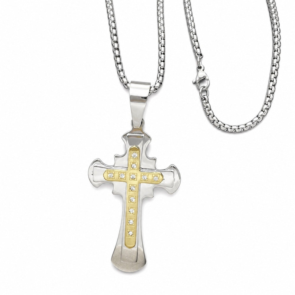 Stainless Steel Pendant Necklace, Cross Design, with White Cubic Zirconia, Polished, Two Tone