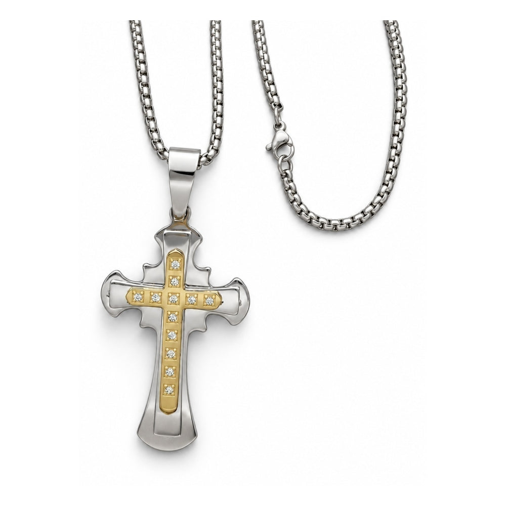 Stainless Steel Pendant Necklace, Cross Design, with White Cubic Zirconia, Polished, Two Tone