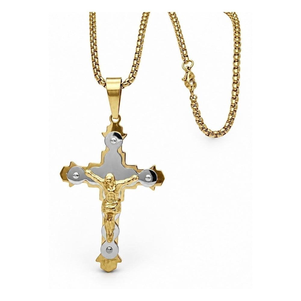 Stainless Steel Pendant Necklace, Crucifix Design, Polished, Two Tone