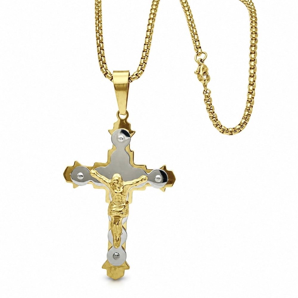 Stainless Steel Pendant Necklace, Crucifix Design, Polished, Two Tone