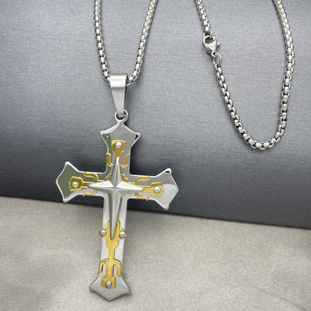 Stainless Steel Pendant Necklace, Cross Design, Polished, Two Tone