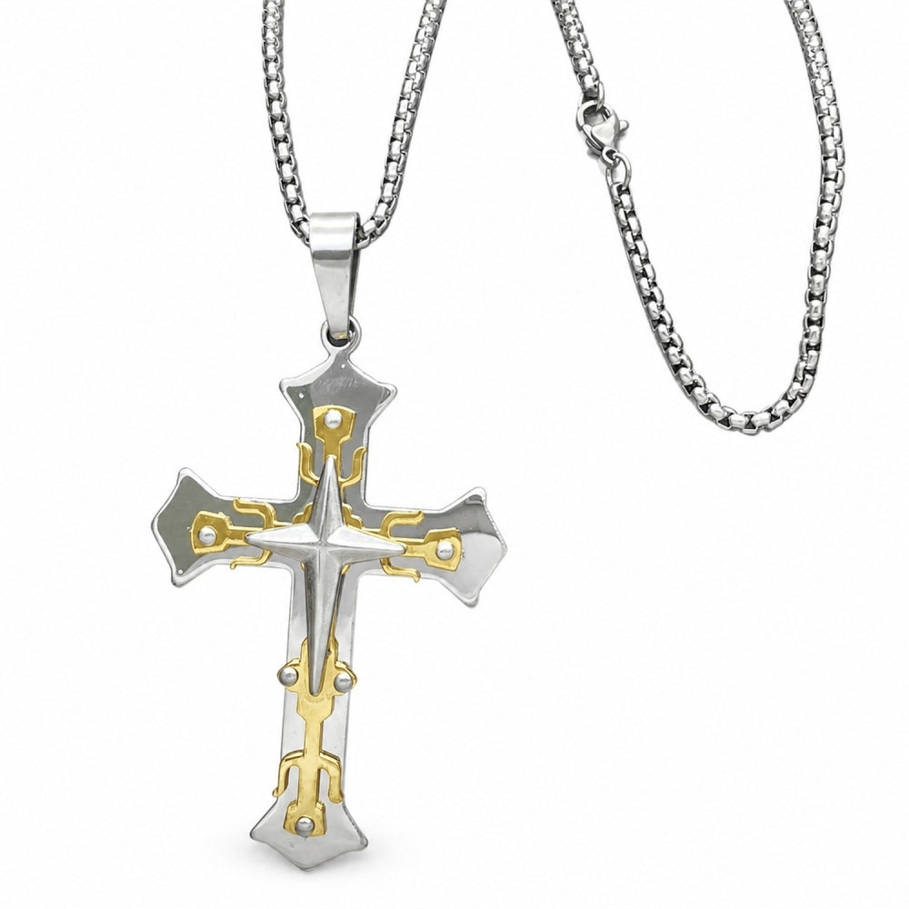 Stainless Steel Pendant Necklace, Cross Design, Polished, Two Tone