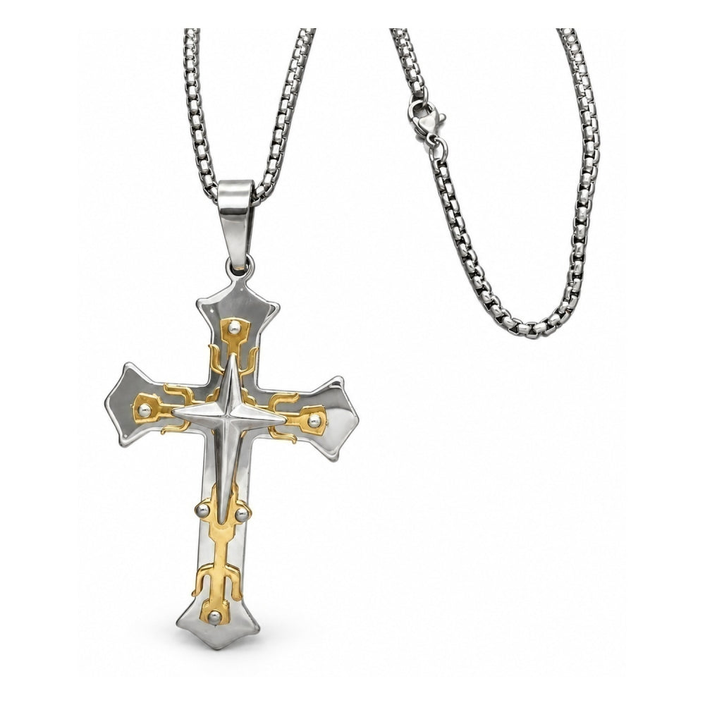 Stainless Steel Pendant Necklace, Cross Design, Polished, Two Tone
