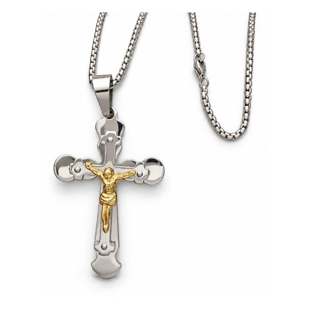 Stainless Steel Pendant Necklace, Crucifix Design, Polished, Two Tone