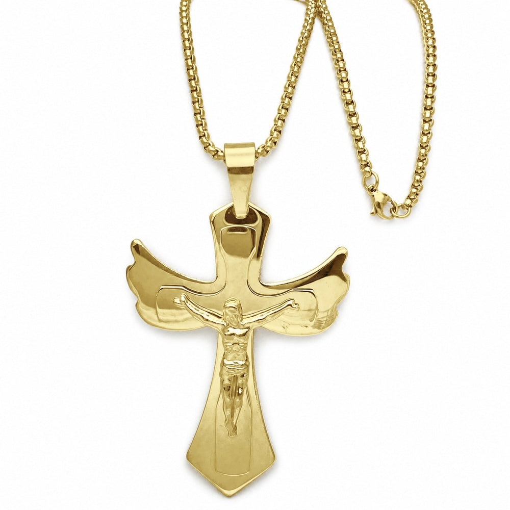 Stainless Steel Pendant Necklace, Crucifix Design, Polished, Golden Finish