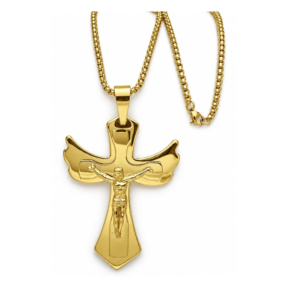 Stainless Steel Pendant Necklace, Crucifix Design, Polished, Golden Finish