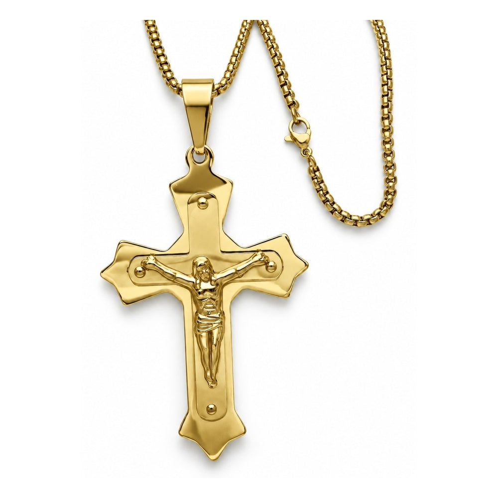 Stainless Steel Pendant Necklace, Crucifix Design, Polished, Golden Finish