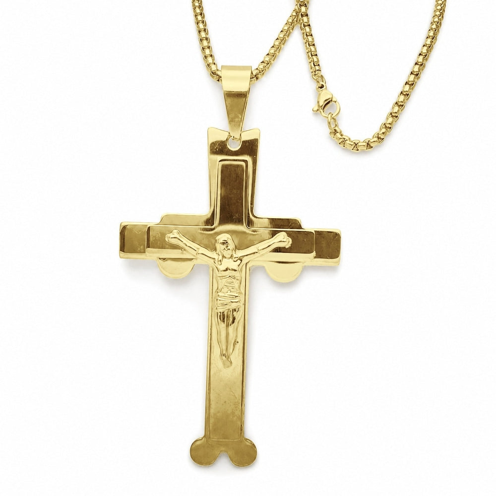 Stainless Steel Pendant Necklace, Crucifix Design, Polished, Golden Finish