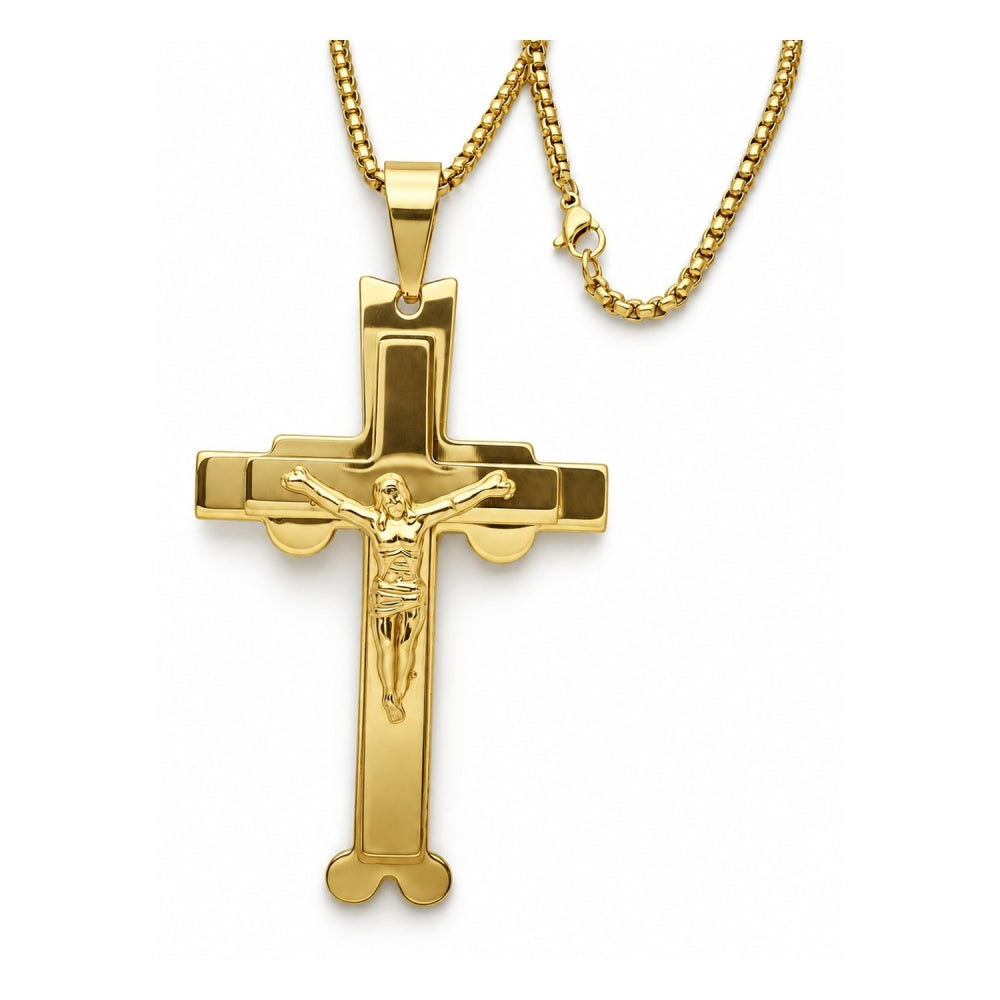 Stainless Steel Pendant Necklace, Crucifix Design, Polished, Golden Finish